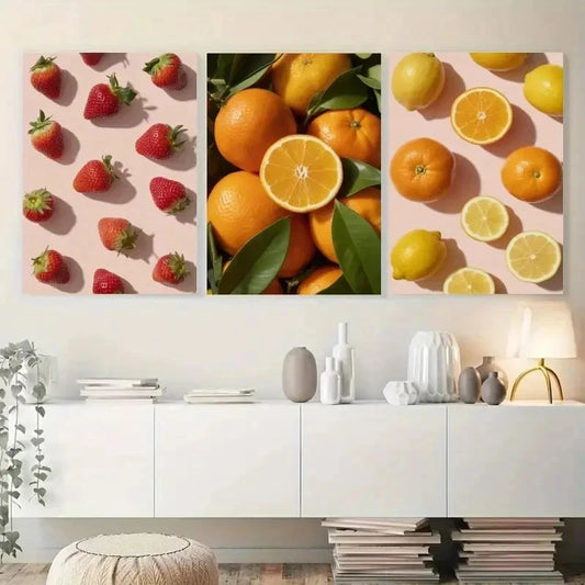 3pcs Strawberry, Orange, Lemon Deco Wall Art Set Canvas Framed 40x60cm - High Quality Print 100% Australian Made Wall Canvas Ready to Hang