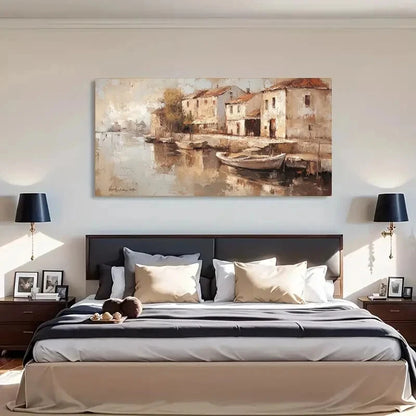 Serene River & Boats Vintage Wall Art Canvas Office Home Room Framed 120x60cm - Bella Home Decor