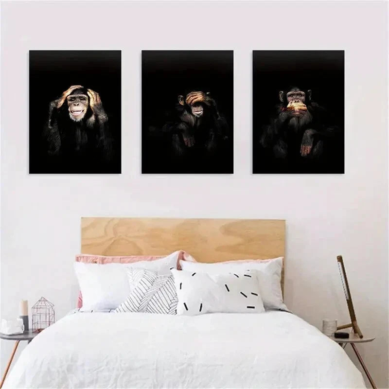 3pcs Dark Monkey Animal Themed Metal Print Ready to Hang Art - Bella Home Decor