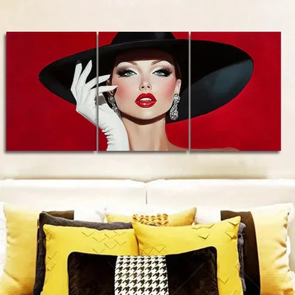 3pcs Fashionable woman in black hat Wall Art Set Canvas Unframed - High Quality Print 100% Australian Made Wall Canvas