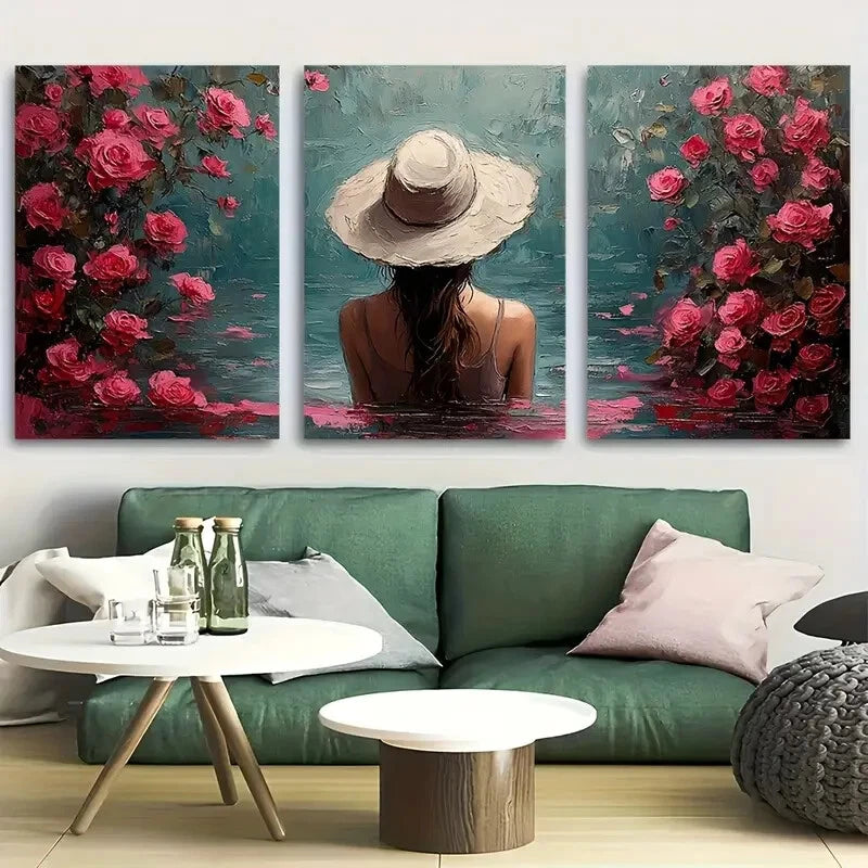 3pcs Romantic Woman in Floral Water Metal Print Ready to Hang Art