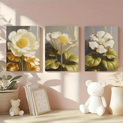3pcs  White Flowers, Golden Leaves   Wall Art Set Canvas Framed 60x90cm - High Quality Print 100% Australian Made Wall Canvas Ready to Hang - Bella Home Decor