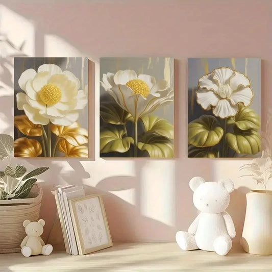 3pcs White Flowers, Golden Leaves Wall Art Set Canvas Framed 60x90cm - High Quality Print 100% Australian Made Wall Canvas Ready to Hang