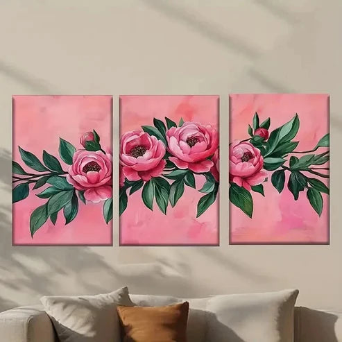 3pcs Pink Peonies with Green Leaves Wall Art Set Canvas Unframed - High Quality Print 100% Australian Made Wall Canvas