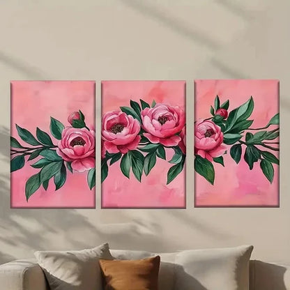 3pcs Pink Peonies with Green Leaves Wall Art Set Canvas Unframed - High Quality Print 100% Australian Made Wall Canvas