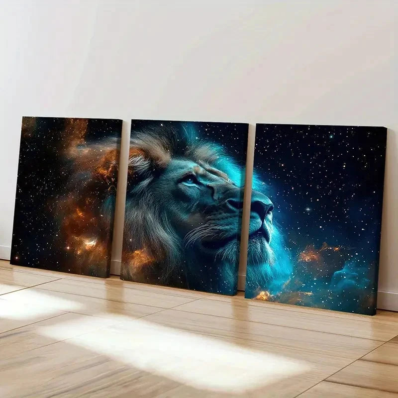 3pcs Lion Profile Cosmic Background Starry Sky   Wall Art Set Canvas Framed 40x60cm - High Quality Print 100% Australian Made Wall Canvas Ready to Hang