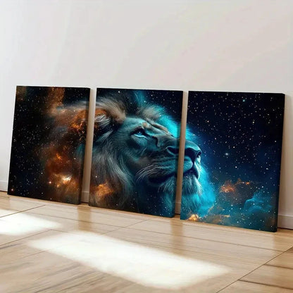 3pcs Lion Profile Cosmic Background Starry Sky   Wall Art Set Canvas Framed 40x60cm - High Quality Print 100% Australian Made Wall Canvas Ready to Hang
