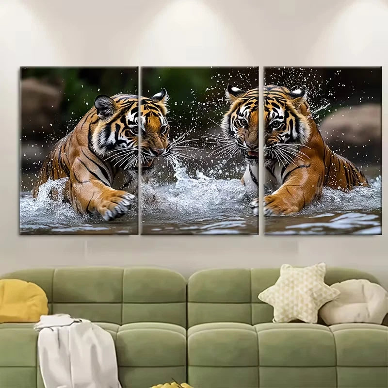 3pcs Two Tigers Play Fighting in Water Metal Print Ready to Hang Art
