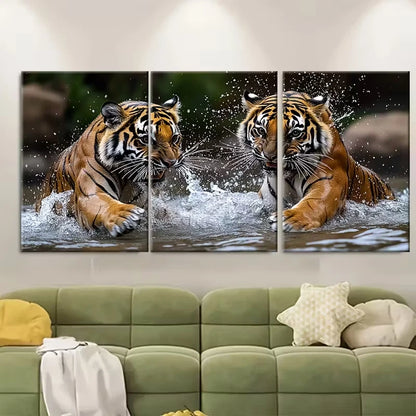 3pcs Two Tigers Play Fighting in Water Metal Print Ready to Hang Art