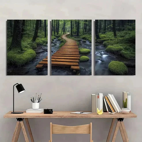 3pcs Boardwalk Stream Vibrant Green Foliage  Wall Art Set Canvas Unframed - High Quality Print 100% Australian Made Wall Canvas - Bella Home Decor