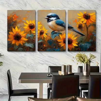 3pcs Chickadee Painting Sunflowers Metal Print Ready to Hang Art - Bella Home Decor