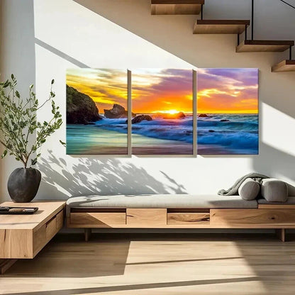 3pcs Vibrant Colorful Sunset Seaside Beach Wall Art Set Canvas Framed 50x70cm - High Quality Print 100% Australian Made Wall Canvas Ready to Hang - Bella Home Decor