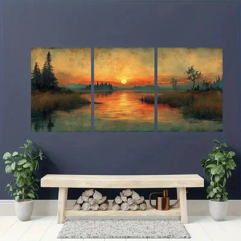 3pcs Antique Hill and Marshland Landscape Art Metal Print Ready to Hang Art - Bella Home Decor
