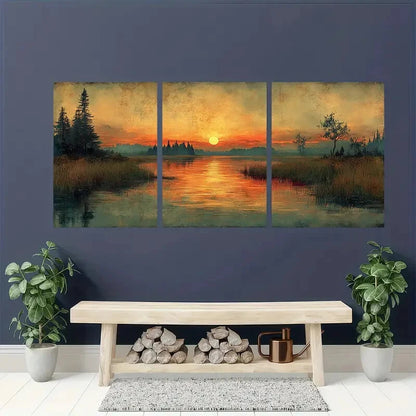 3pcs Antique Hill and Marshland Landscape Art Metal Print Ready to Hang Art - Bella Home Decor
