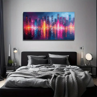 Vibrant Neon City Lights Wall Art Canvas Office Home Room Framed 120x60cm