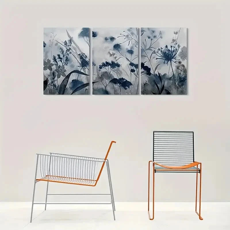 3pcs Abstract Flower Modern Blue and White Metal Print Ready to Hang Art - Bella Home Decor