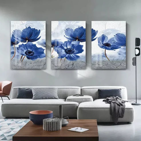 3pcs Blue Flowers Posters Abstract Flower Canvas Framed 60x90 cm - High Quality Print 100% Australian Made Wall Canvas Ready to Hang - Bella Home Decor