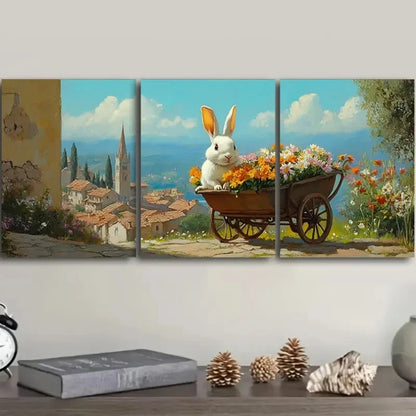 3pcs Featuring a Rabbit with a Wheelbarrow Wall Art Set Canvas Framed 40x60cm - High Quality Print 100% Australian Made Wall Canvas Ready to Hang