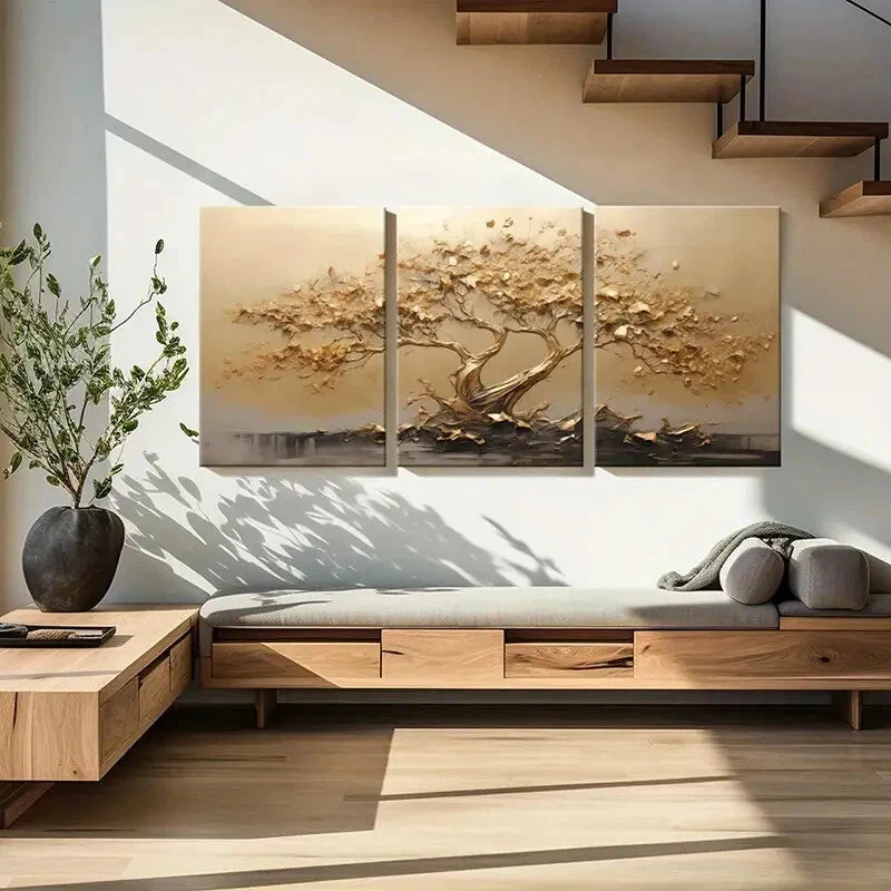 3pcs Golden Tree Abstract Art Nature Scene Metal Print Ready to Hang Art - Bella Home Decor