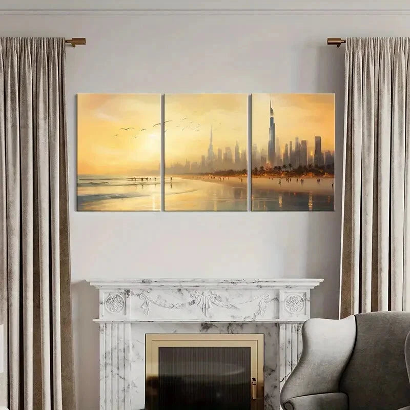 3pcs Futuristic Skyline Palm Trees & Seagulls Metal Print Ready to Hang Art - Bella Home Decor