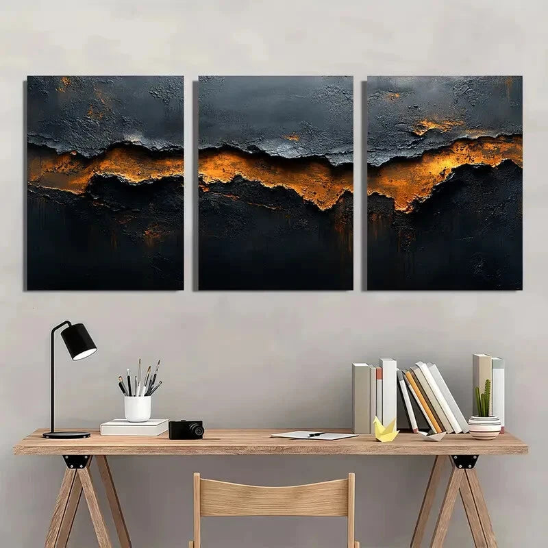 3pcs Abstract Black and Brown Textured Metal Print Ready to Hang Art - Bella Home Decor