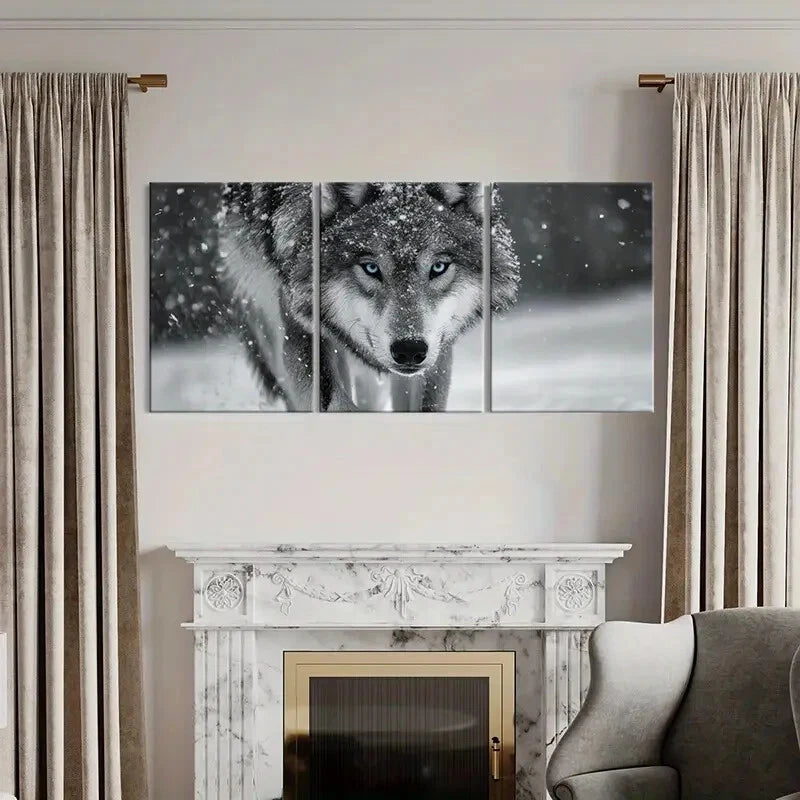 3pcs Snowy Winter Scene with Blue Eyes Metal Print Ready to Hang Art - Bella Home Decor