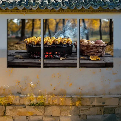3pcs Outdoor Barbecue with Corn and Potato Metal Print Ready to Hang Art - Bella Home Decor