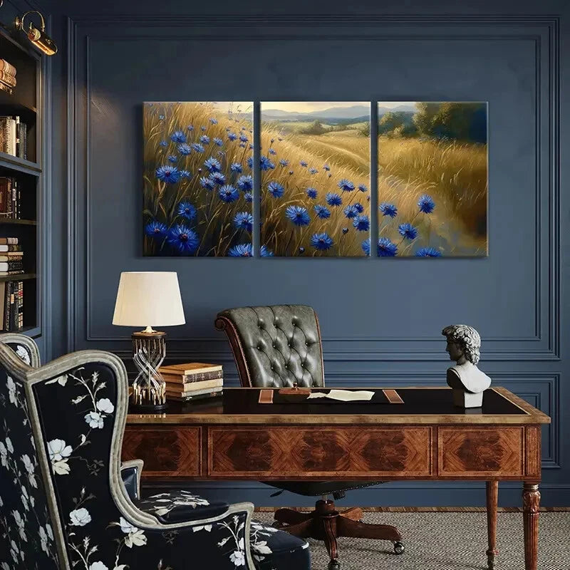 3pcs Blue Cornflower & Golden Wheat Field Metal Print Ready to Hang Art - Bella Home Decor