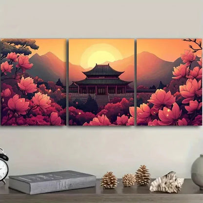3pcs Colorful ancient Chinese buildings Wall Art Set Canvas Unframed - High Quality Print 100% Australian Made Wall Canvas