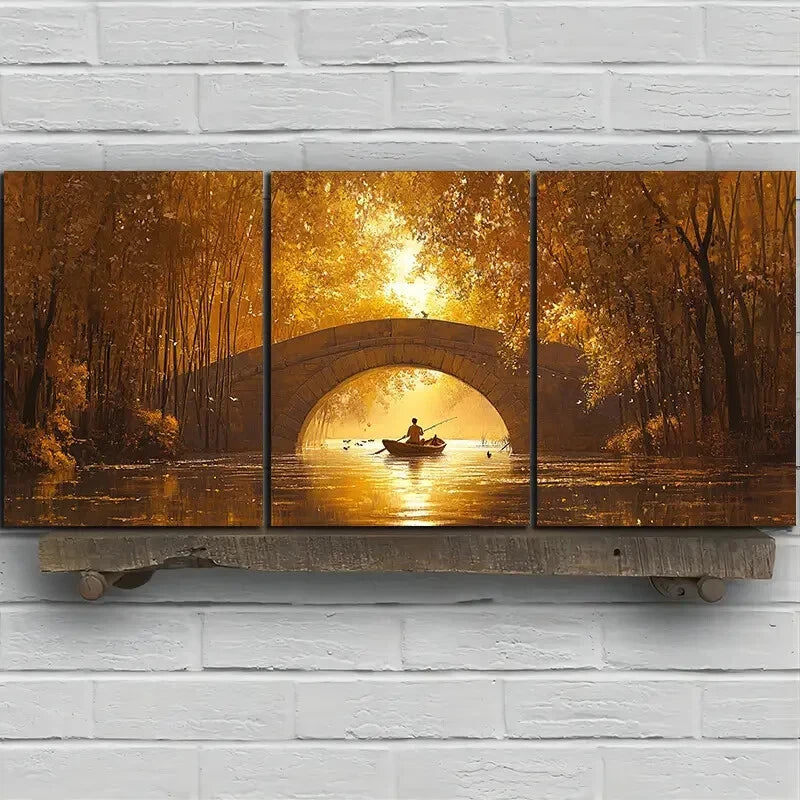 3pcs The Boatman Under The Stone Autumn Metal Print Ready to Hang Art