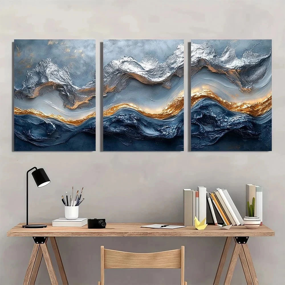 3pcs Abstract Silvery Fluid Painting Metal Print Ready to Hang Art - Bella Home Decor