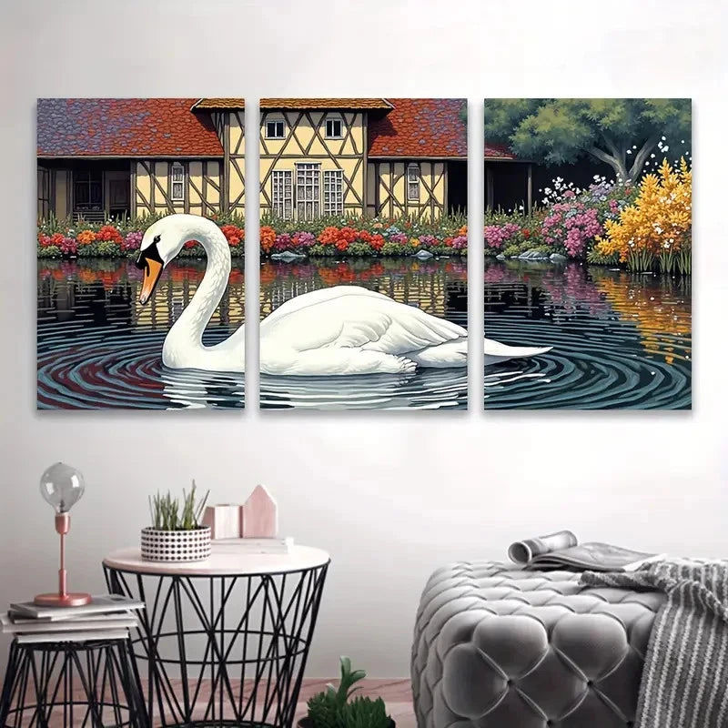 3pcs White Swan & Floral Cottage Scene Wall Art Set Canvas Framed 40x60cm - High Quality Print 100% Australian Made Wall Canvas Ready to Hang