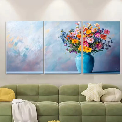 3pcs Flowers in a Blue Vase Minimalist Floral Metal Print Ready to Hang Art - Bella Home Decor