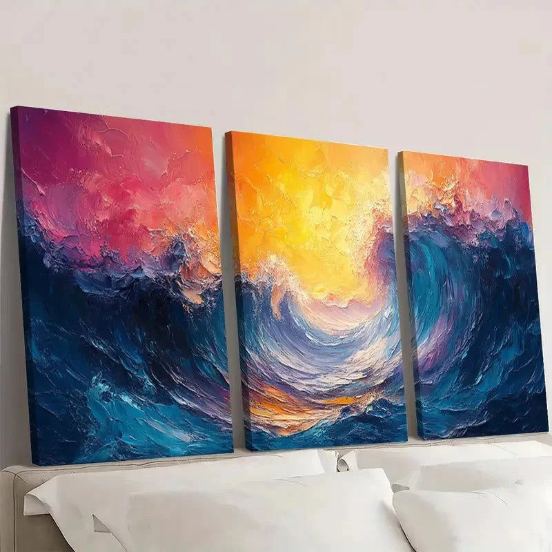 3pcs Vibrant Abstract Wave & Sunset Ocean SO  Wall Art Set Canvas Framed 40x60cm - High Quality Print 100% Australian Made Wall Canvas Ready to Hang