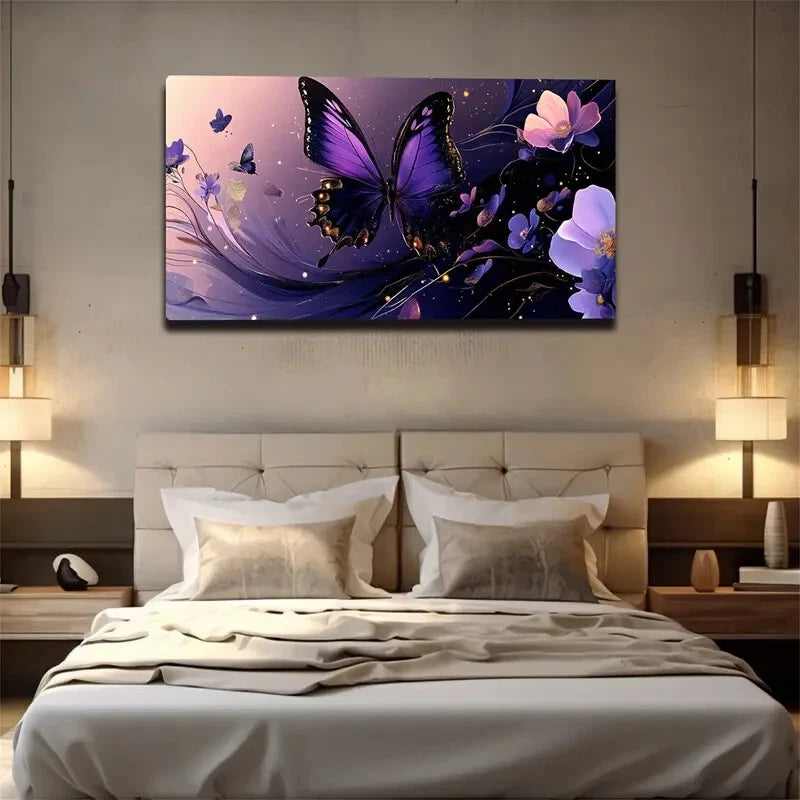 Elegant Purple Butterfly Golden Wall Art Canvas Office Home Room Framed 120x60cm - Bella Home Decor