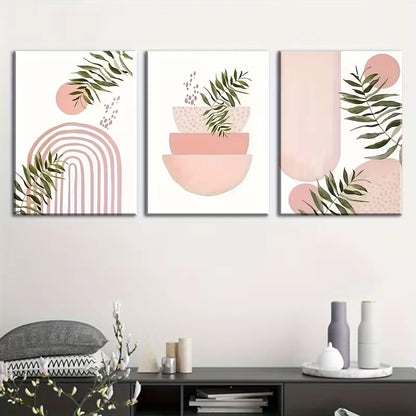 3pcs Geometric Pattern In Pink Theme, Metal Print Ready to Hang Art - Bella Home Decor
