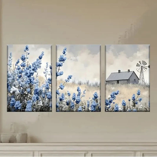 3pcs a painting of a house in a field Wall Art Set Canvas Framed 50x70cm - High Quality Print 100% Australian Made Wall Canvas Ready to Hang