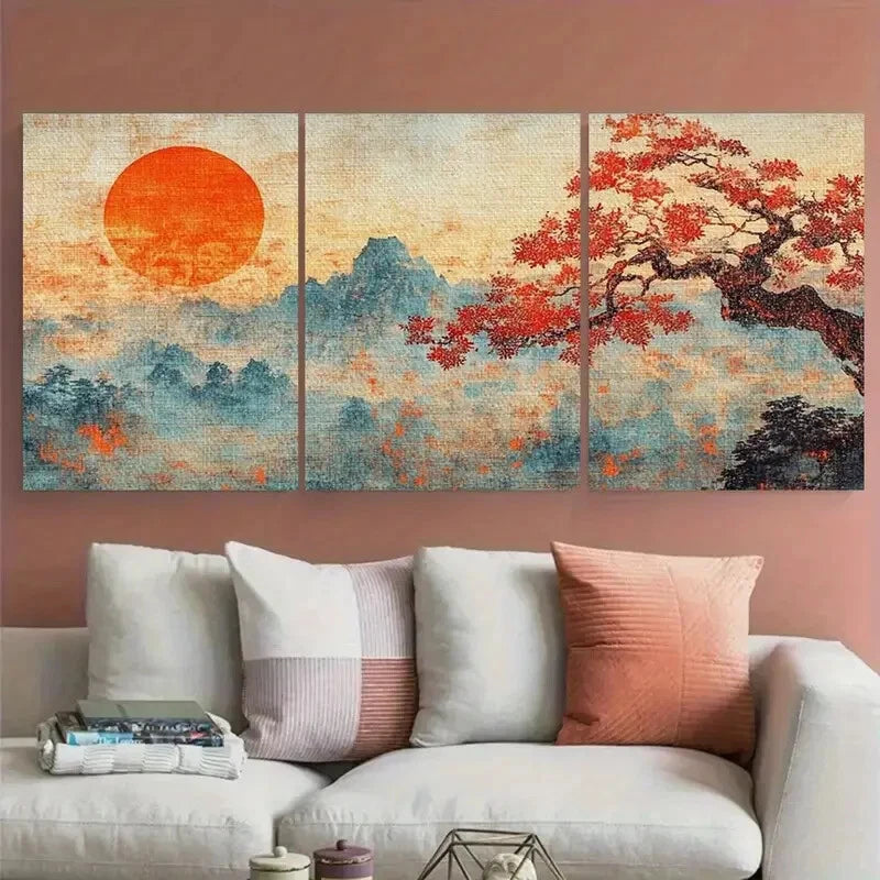 3pcs Japanese Maple Tree at Sunset & Misty Sky Metal Print Ready to Hang Art