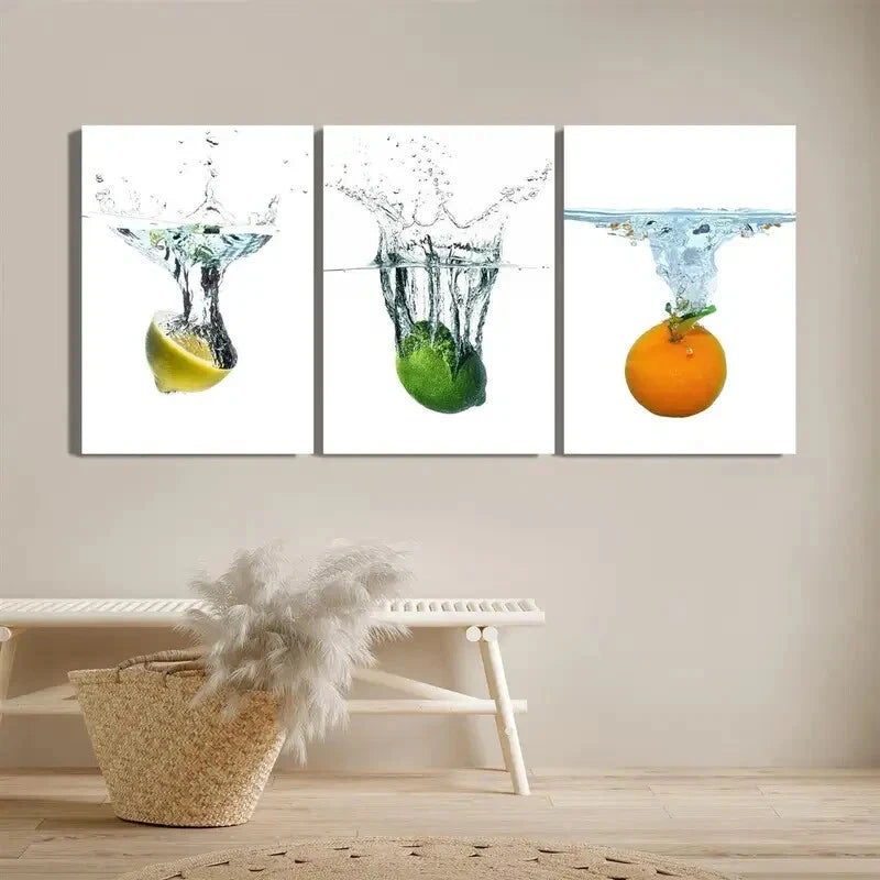 3pcs Vibrant Fruit Splash Colorful Water Droplets Metal Print Ready to Hang Art - Bella Home Decor