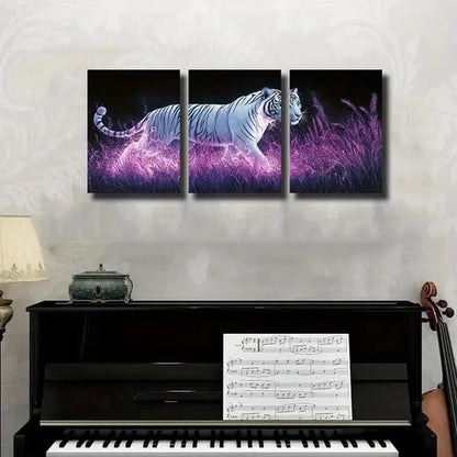 3pcs White Tiger on Neon Grass Decor Wall Art Canvas Unframed – High Quality Print 100% Australian Made Wall Canvas