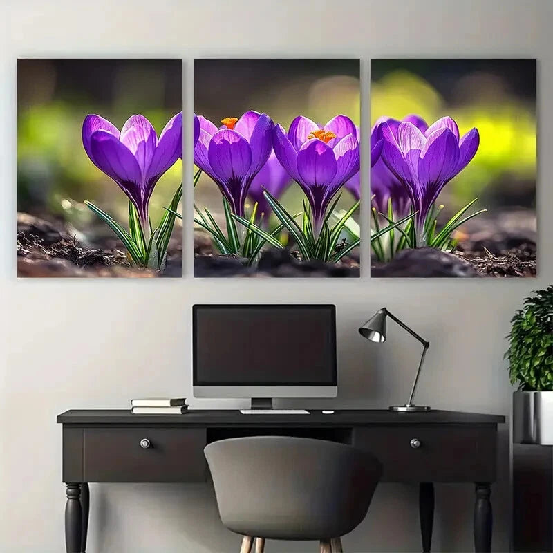 3pcs Vibrant Blooming Purple Crocus Illustration Metal Print Ready to Hang Art - Bella Home Decor