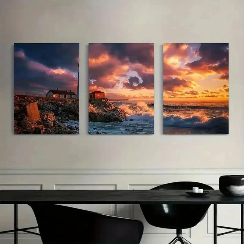 3pcs Lighthouse on Rocky Shore at Night Metal Print Ready to Hang Art - Bella Home Decor