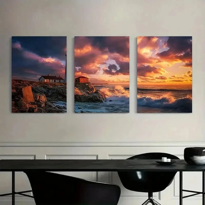 3pcs Lighthouse on Rocky Shore at Night Metal Print Ready to Hang Art - Bella Home Decor