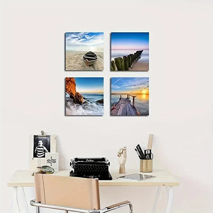 4pcs Ocean Beach Seaview Prints Wall Art Canvas Framed