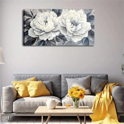 White Peony Deep Blue Wall Art Canvas Office Home Room Framed 120x60cm