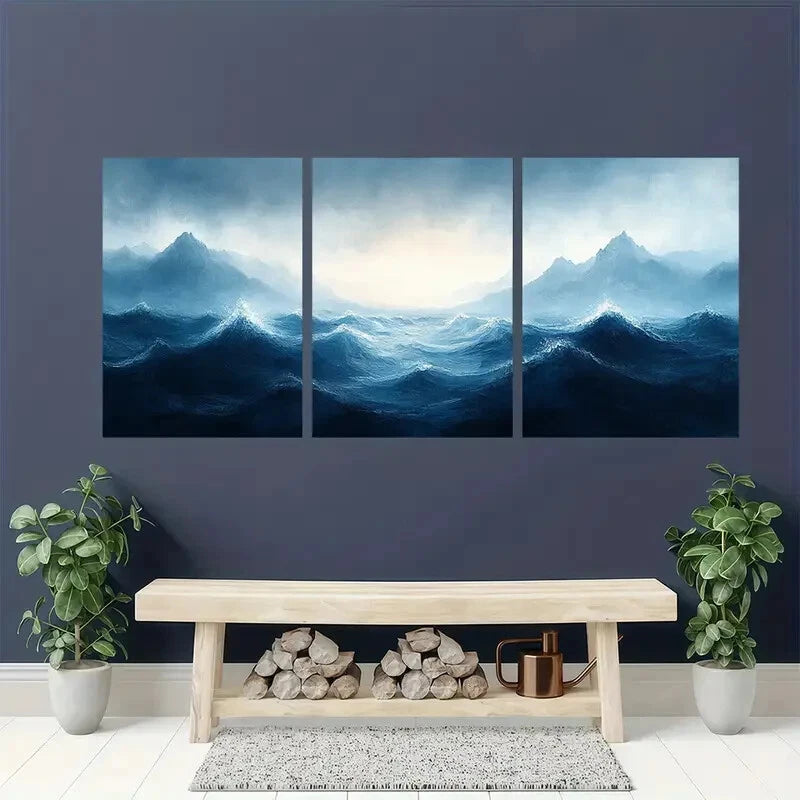 3pcs Seascape Painting Art Expressive Brushstrokes Metal Print Ready to Hang Art - Bella Home Decor