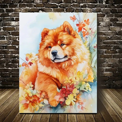 Featuring a Cute Chow Chow Dog Among Flowers And Plant 40x60cm Metal Print Ready to Hang