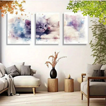 3pcs Cute Hug Kitten Watercolor Wall Art Metal Print Ready to Hang Art - Bella Home Decor