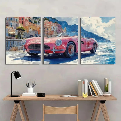 3pcs Retro Pink Italian Car on Coastal Road Wall Art Set Canvas Framed 60x90cm - High Quality Print 100% Australian Made Wall Canvas Ready to Hang - Bella Home Decor