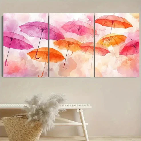 3pcs Vibrant Pink & Orange Umbrellas Wall Art Set Canvas Unframed - High Quality Print 100% Australian Made Wall Canvas - Bella Home Decor